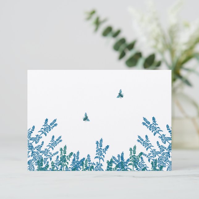 Blue Green Meadow Floral Bumble Bee Wedle RSVP (Em pé/Frente)