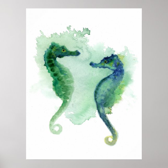 Blue green seahorses white poster seahorse (Frente)