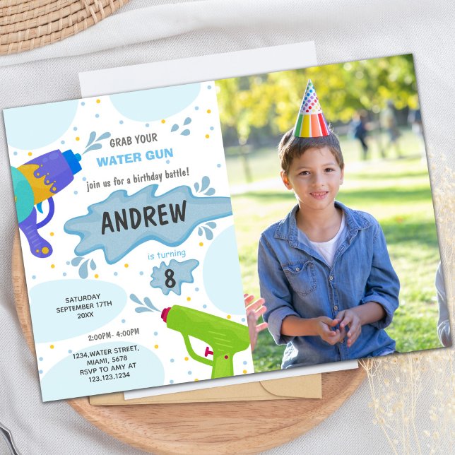 Blue Green Water Gun Convite de Aniversário com fo (Blue Green Water Gun Birthday Invitations w photo)