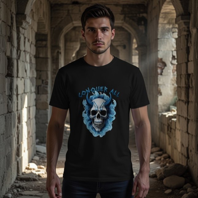 Blue Horned Skull "Conquer All" Graphic T-Shirt (Criador carregado)