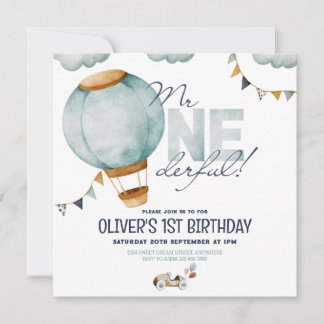 Blue Hot Air Balloon Sr. ONEGreat Boy Invitation