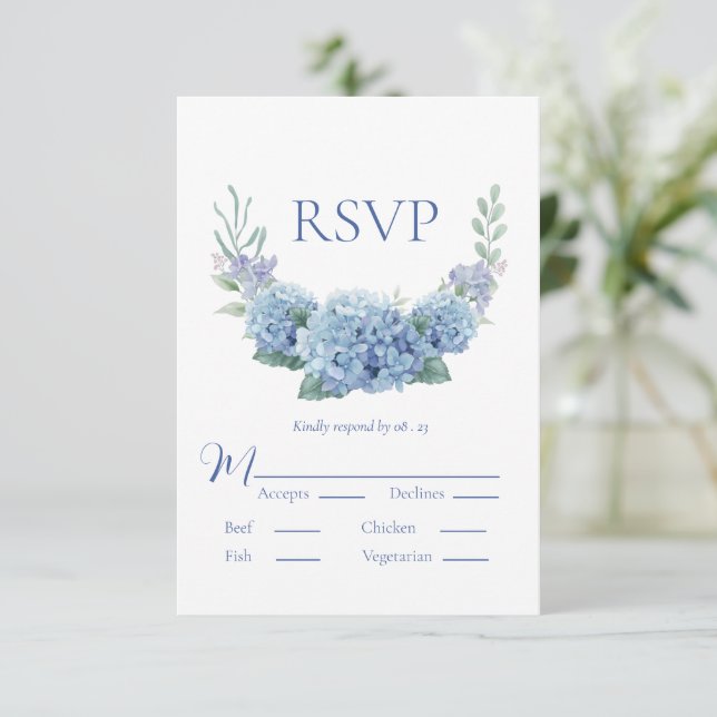 Blue Hydrangea Floral Watercolor Casamento RSVP (Em pé/Frente)