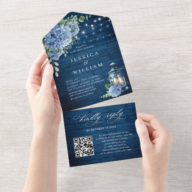 Blue Hydrangea Lanterna Wood Casamento Código QR (Tearaway)