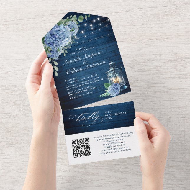 Blue Hydrangea Lanterna Wood Casamento Código QR (Aba destacável)