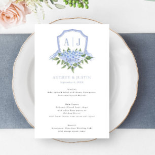Blue Hydrangea Watercolor Crest Menu de Papel de C
