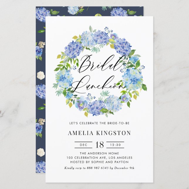 Blue Hydrangea Wreath Bridal Luncheon Convite (Frente/Verso)