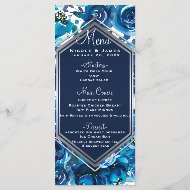 Blue Indigo Floral Flowers Elegante Menu Casamento (Frente)