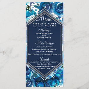 Blue Indigo Floral Flowers Elegante Menu Casamento