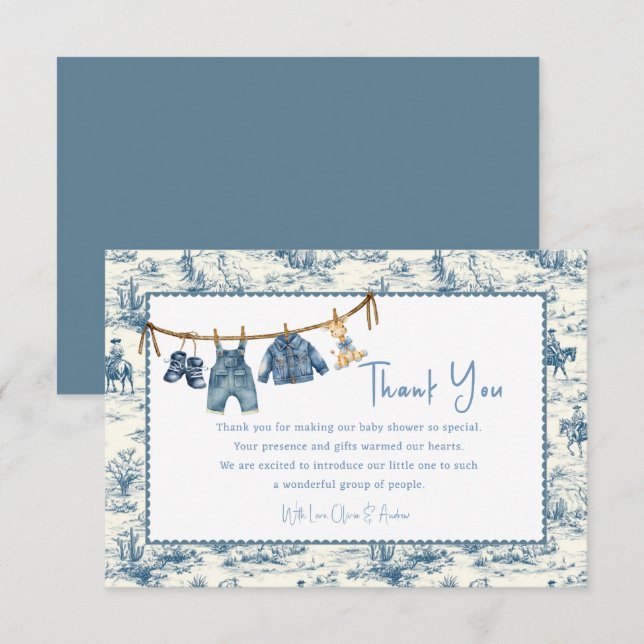 Blue Jean Denim Boy Baby Shower Thank You Card (Frente/Verso)