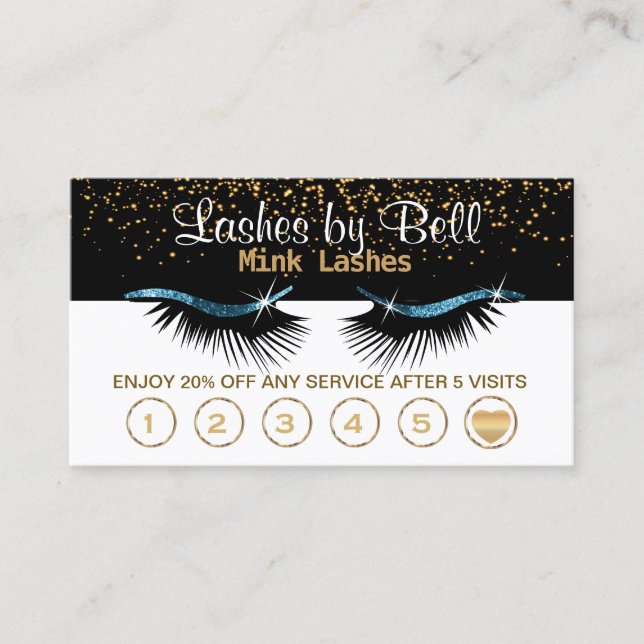 Blue Lashes Cartões de Lealdade em Preto e Branco (Frente)