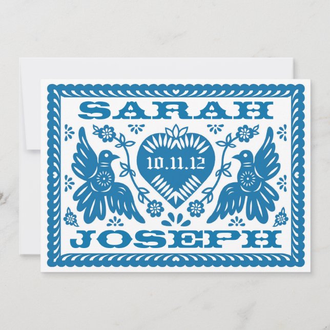 Blue Love Birds Papel Picado Convite Para Casament (Verso)