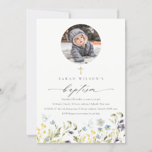 Blue Meadow Floral Butterfly Foto Baptism Convite