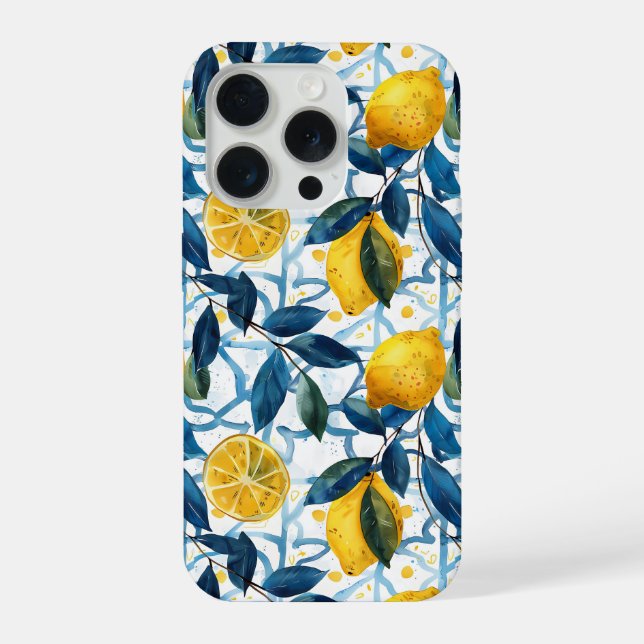 Blue Mediterranean Style Lemon Pattern iPhone Case (Verso)