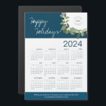 Blue Modern Wreath Your Logo aqui Calendar 2024<br><div class="desc">Estenda seus Cartões de natal e obrigados aos seus clientes, funcionários e clientes com esses cartões de calendário magnéticos 2024, modernos e personalizáveis, de Natal Corporate Holiday. Substitua o logotipo por sua própria marca, personalize a mensagem, apresentando minha ilustração da coroa moderna em ouro, verde e as palavras "Felizes Feriados"...</div>