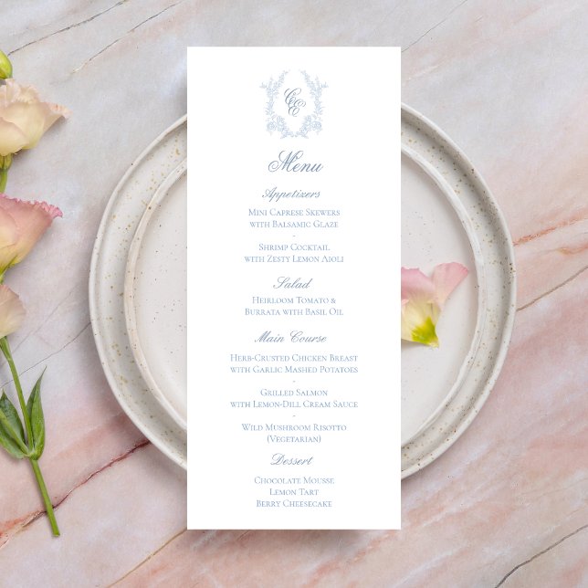 Blue Monogram Crest Wedding Reception Menu Card (Criador carregado)