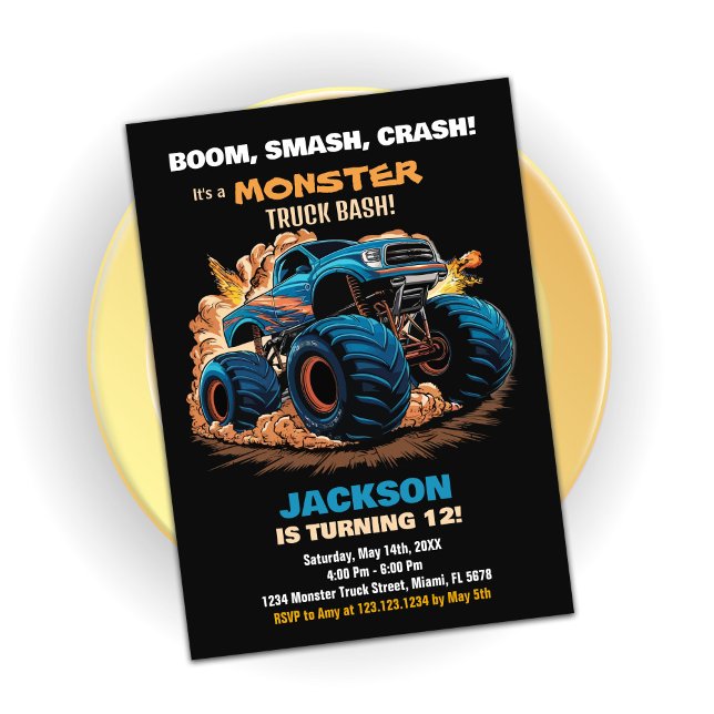 Blue Monster Truck Convite de Aniversário Negro (Blue Monster Truck Birthday Invitations Black)