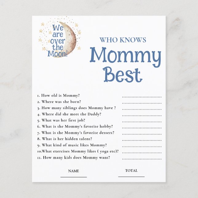 Blue Moon Who knows Mommy Best Baby Shower Game (Frente)