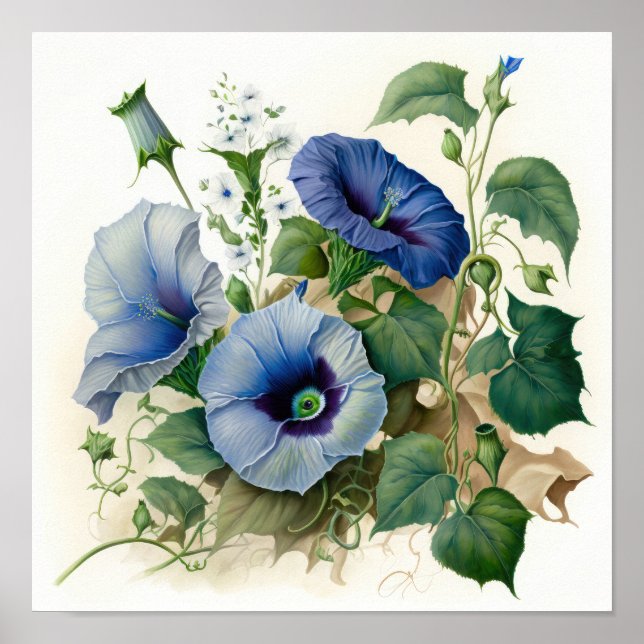 Blue Morning Glory Flowers Art Impressão (Frente)