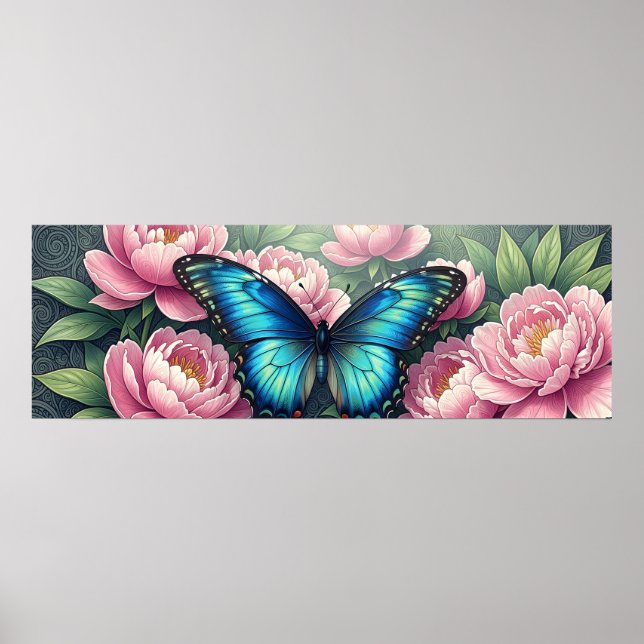 Blue Morpho Butterfly Floral Botanical Art Poster (Frente)