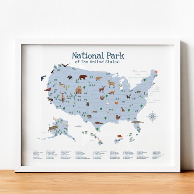 Blue National Park Map Woodland Nursery Impressão (Blue National Park Map Woodland Nursery Print)