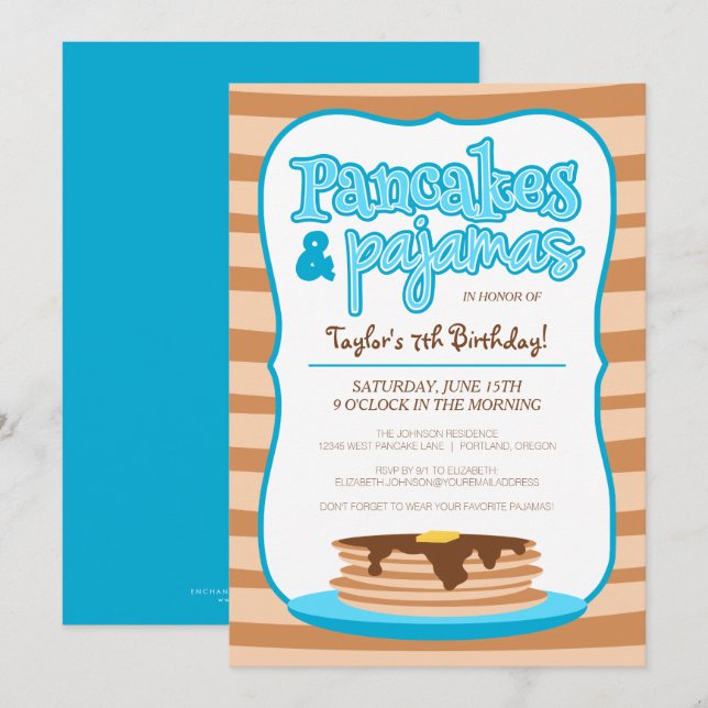 Blue Pancakes e Pajamas - Convite de Aniversário (Frente/Verso)