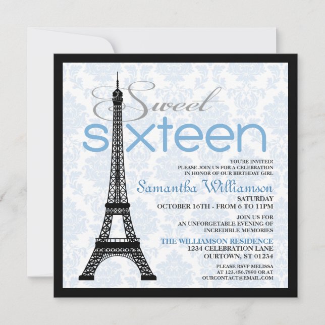 Blue Paris Sweet 16 Convites (Frente)