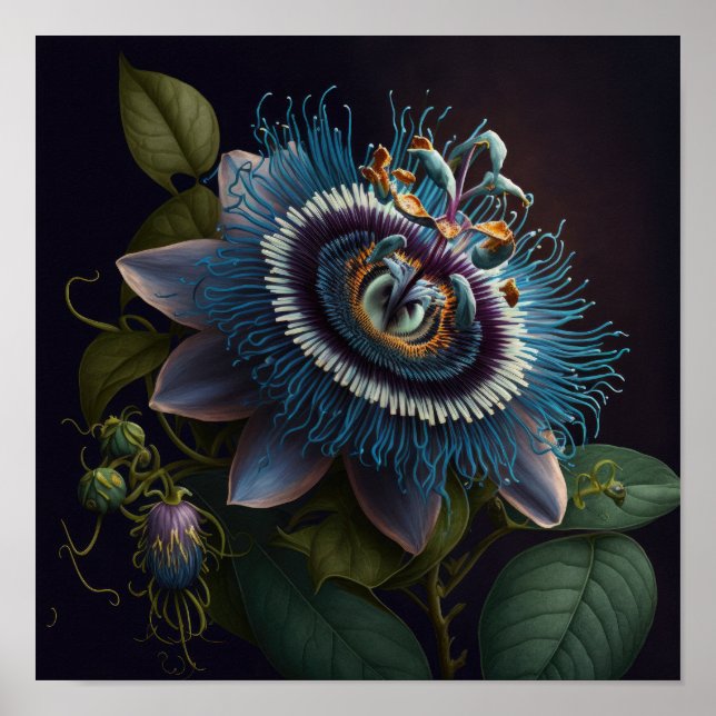 Blue Passion Flowers Art Impressão Poster (Frente)