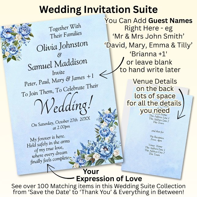 Blue Peony sobre Convite da Suite de Casamento Azu (Criador carregado)