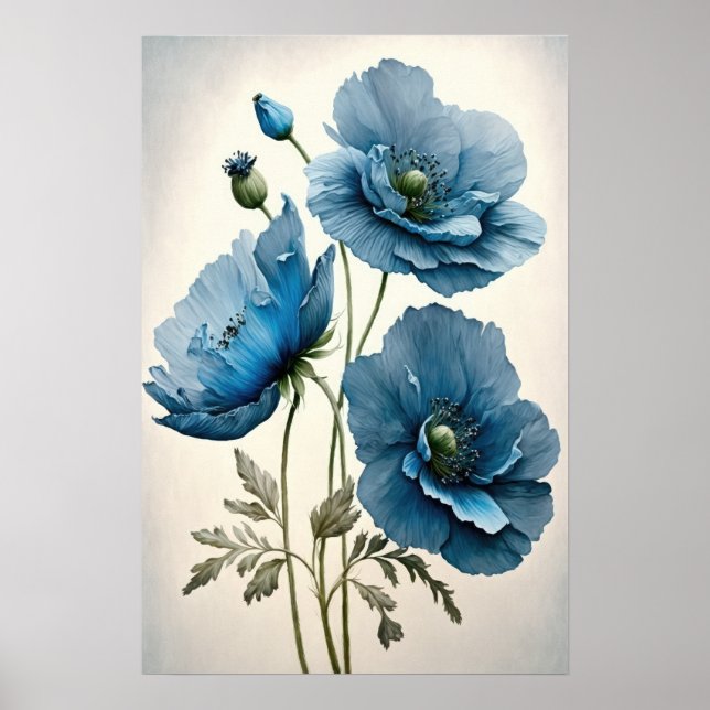 Blue Poppy Flowers Art Impressão (Frente)