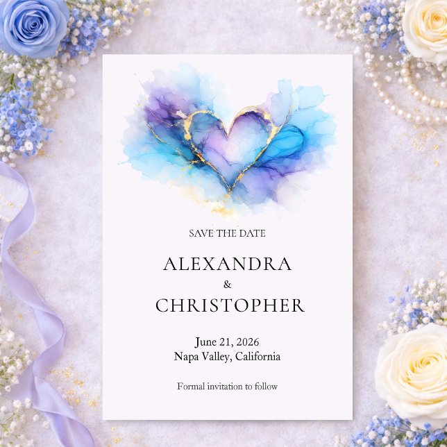Blue Purple Gold Abstract Heart  Save the Date (Criador carregado)