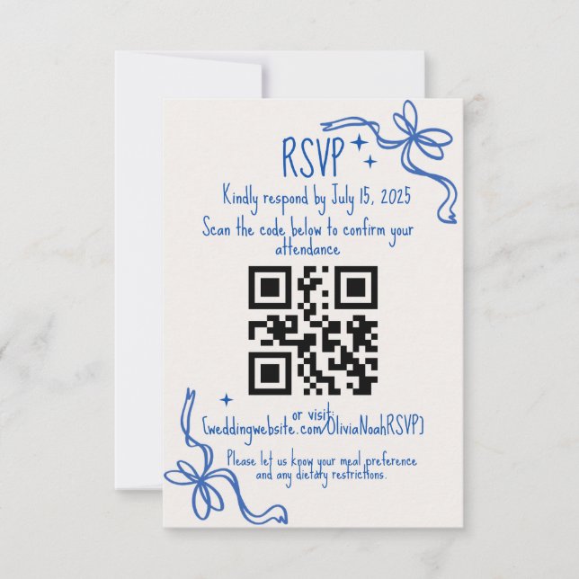 Blue Ribbon QR Wedding RSVP Card (Frente)