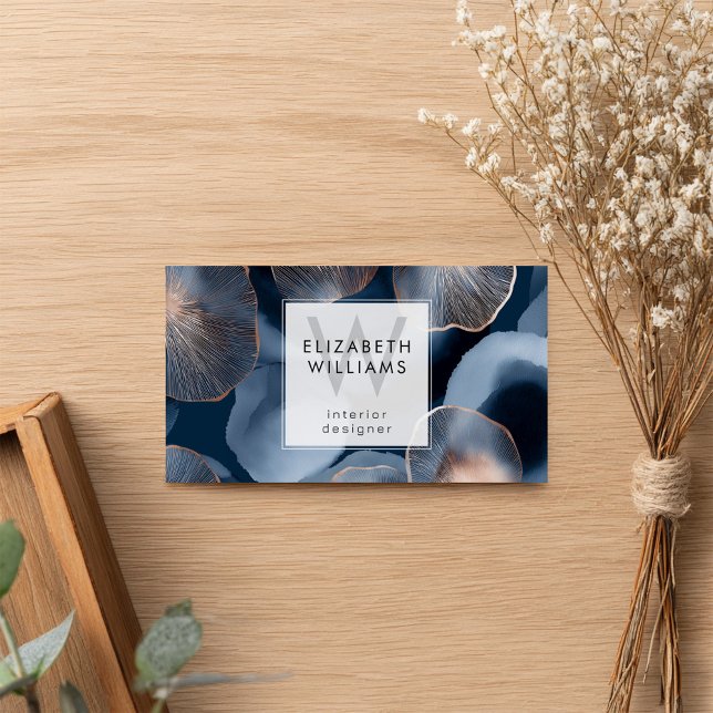 Blue Rose Gold Monogram Modern Business Card (Criador carregado)
