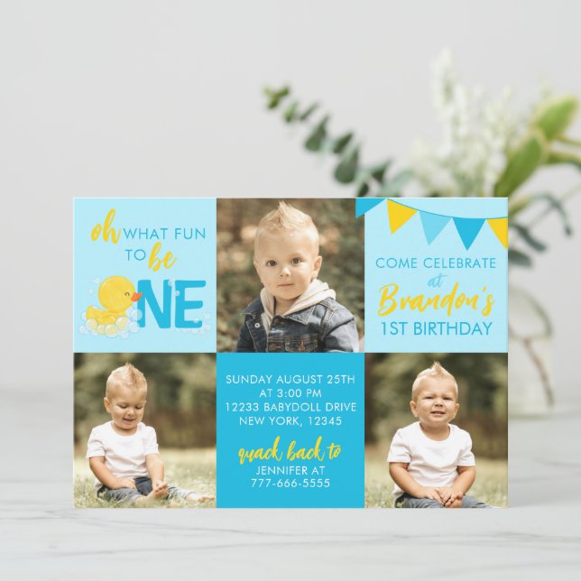 Blue Rubber Duck 3 Foto Convite de Aniversário (Em pé/Frente)