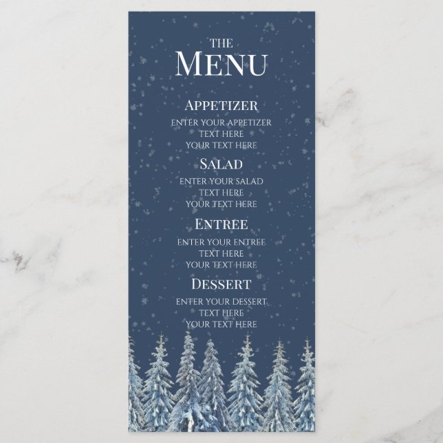 Blue Rustic Winter Forest Wedding Menu (Frente)