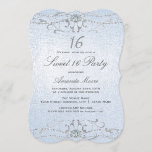 Blue Shimmer Diamond Damask Sweet 16 Convite
