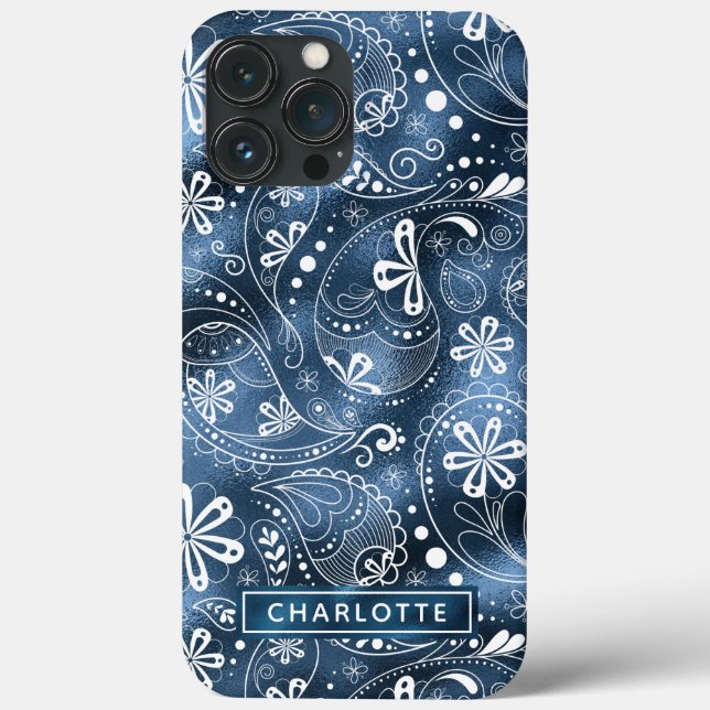 Blue Shimmer Modern Girly Paisley Personalizado (Verso)