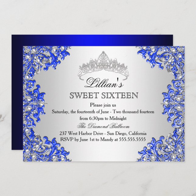 Blue Silver Damask Tiara Sweet 16 Convite (Frente/Verso)