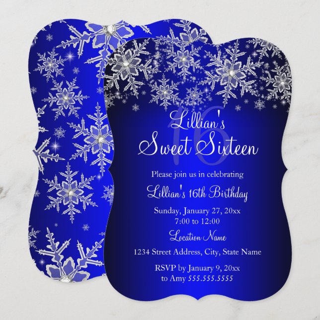 Blue Silver Snowflake Sweet 16 Convite (Frente/Verso)