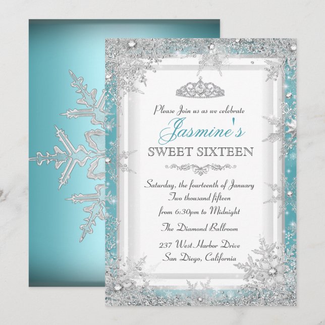 Blue Silver Winter Wonderland Sweet 16 Convite (Frente/Verso)