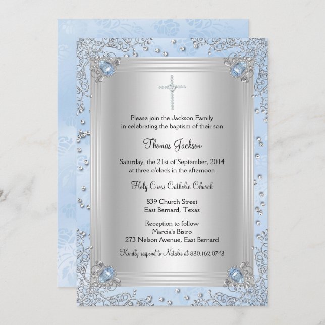 Blue Sparkle Jewel Baptism/Christening Convite (Frente/Verso)