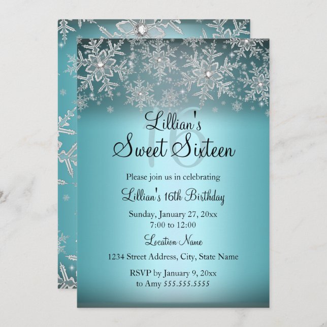 Blue Sparkle Snowflake Sweet 16 Convite (Frente/Verso)
