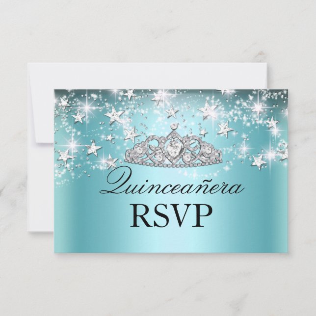 Blue Sparkle Tiara & Stars Quinceanera RSVP (Frente)