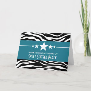 Blue Stars Zebra Print Sweet 16 Cartões de agradec