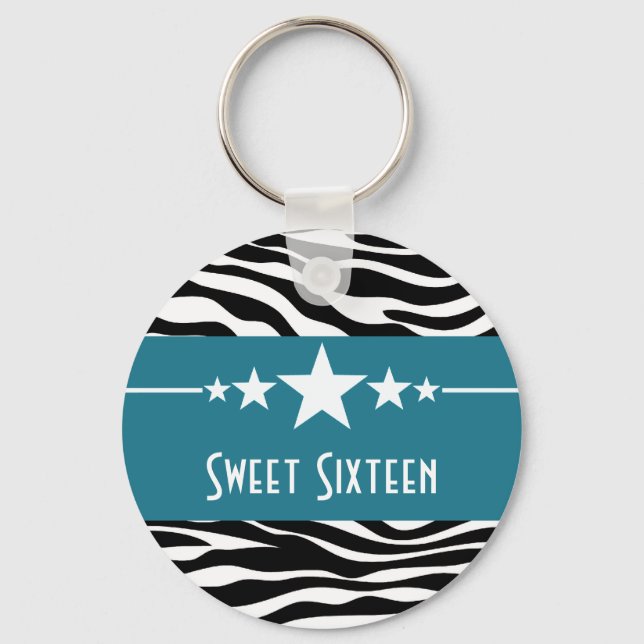 Blue Stars Zebra Print Sweet 16 Chaveiro (Frente)
