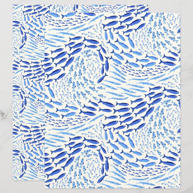 Blue Swimming Ocean Fish - Light Scrapbook Paper (Frente/Verso)