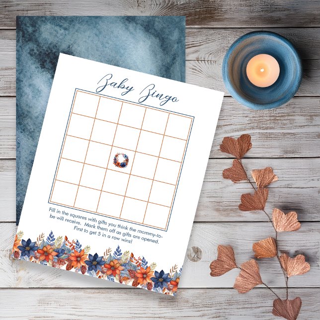 Blue Terracotta Fall Floral Chá de fraldas Bingo (Boho Blue and Terracotta Fall |  Autumn Floral Boy Baby Shower "Baby Bingo" Game)