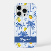 Blue Toile Palm Trees Lemons Monogram Name