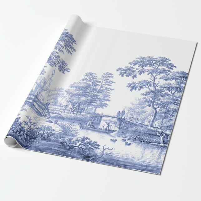 Blue Toile Vintage - Papel de embrulho para desaco (Desenrolado)