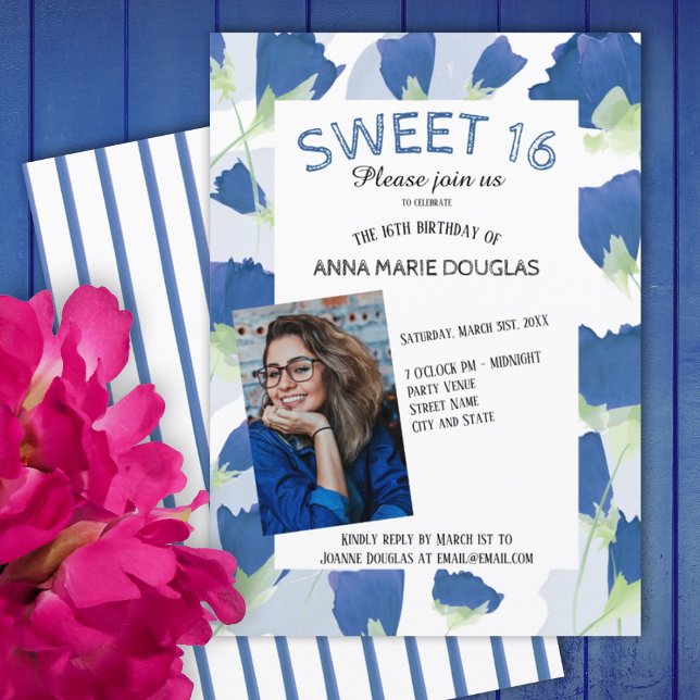 Blue Tulip Sweet 16 Convites (blue tulips floral summer spring springtime sweet 16 sixteen party invitations, flowers, stripes)