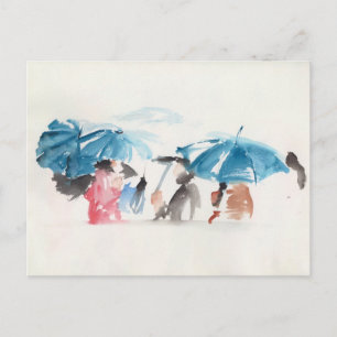 Blue Umbrellas Original Watercolor Cartão Postal 1